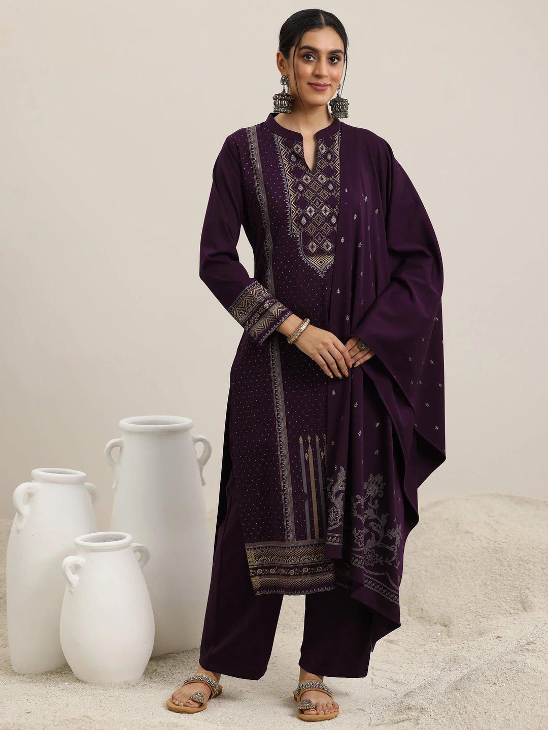  Burgundy Woven Design Wool Blend Straight Suit With Dupatta 