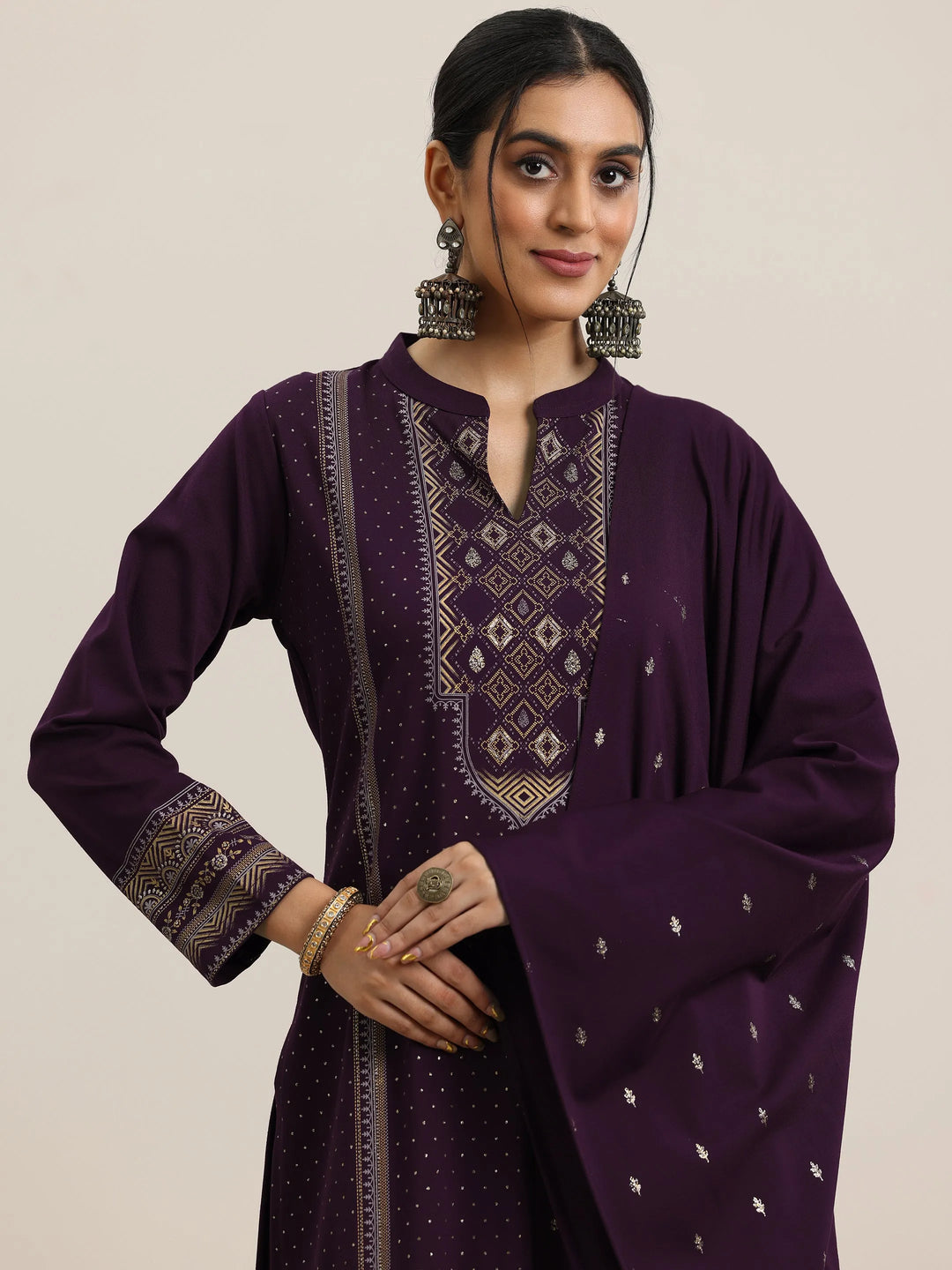  Burgundy Woven Design Wool Blend Straight Suit With Dupatta 