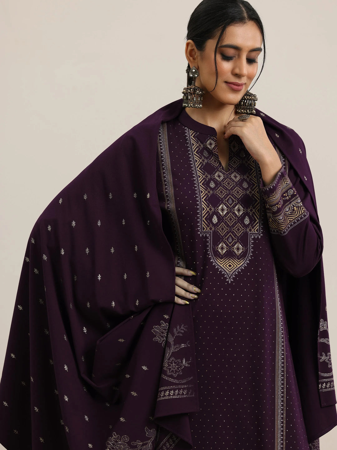  Burgundy Woven Design Wool Blend Straight Suit With Dupatta 