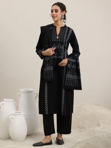 Black Woven Design Wool Blend Straight Suit With Dupatta