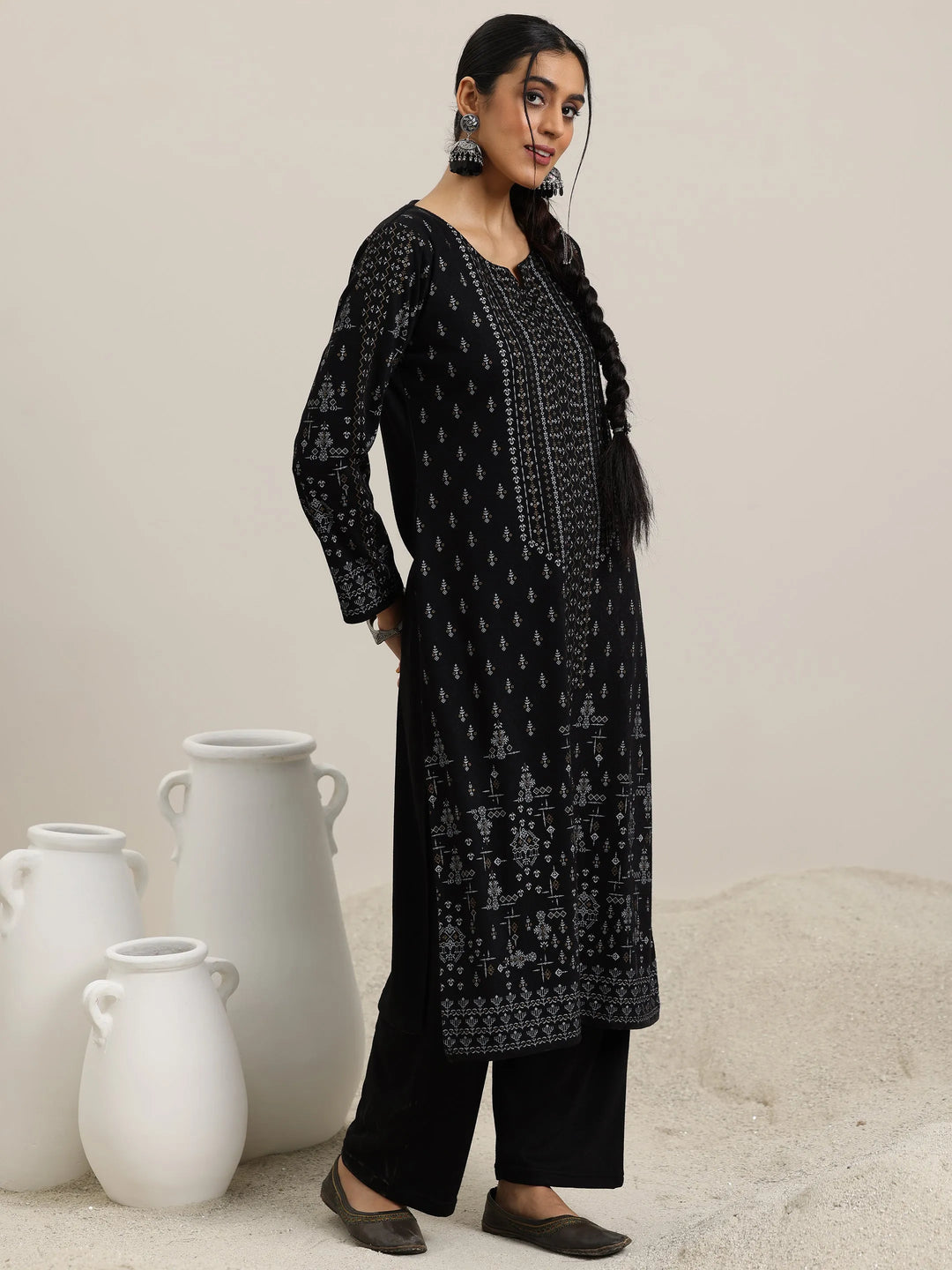  Black Woven Design Wool Blend Straight Suit With Dupatta 