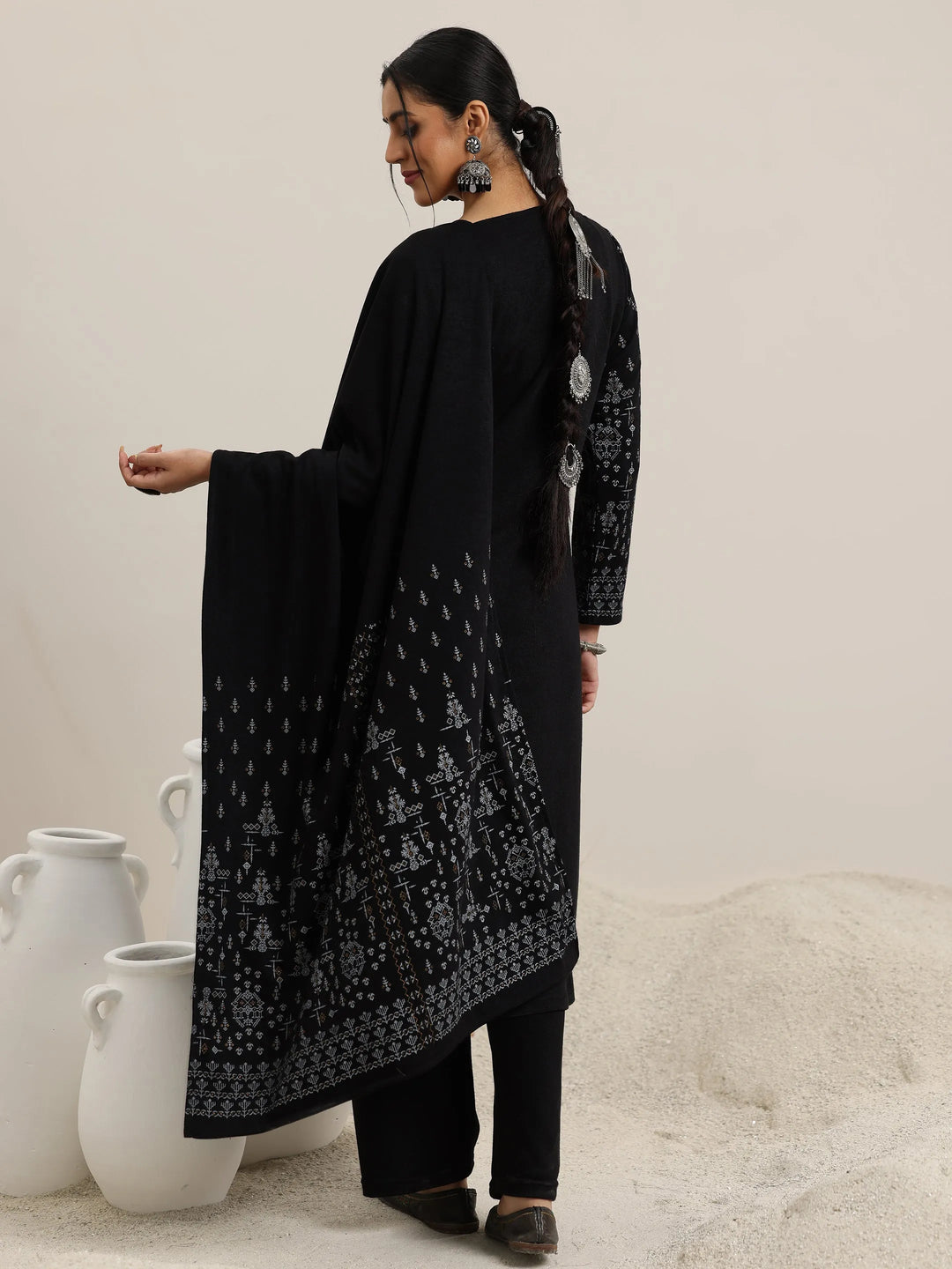  Black Woven Design Wool Blend Straight Suit With Dupatta 