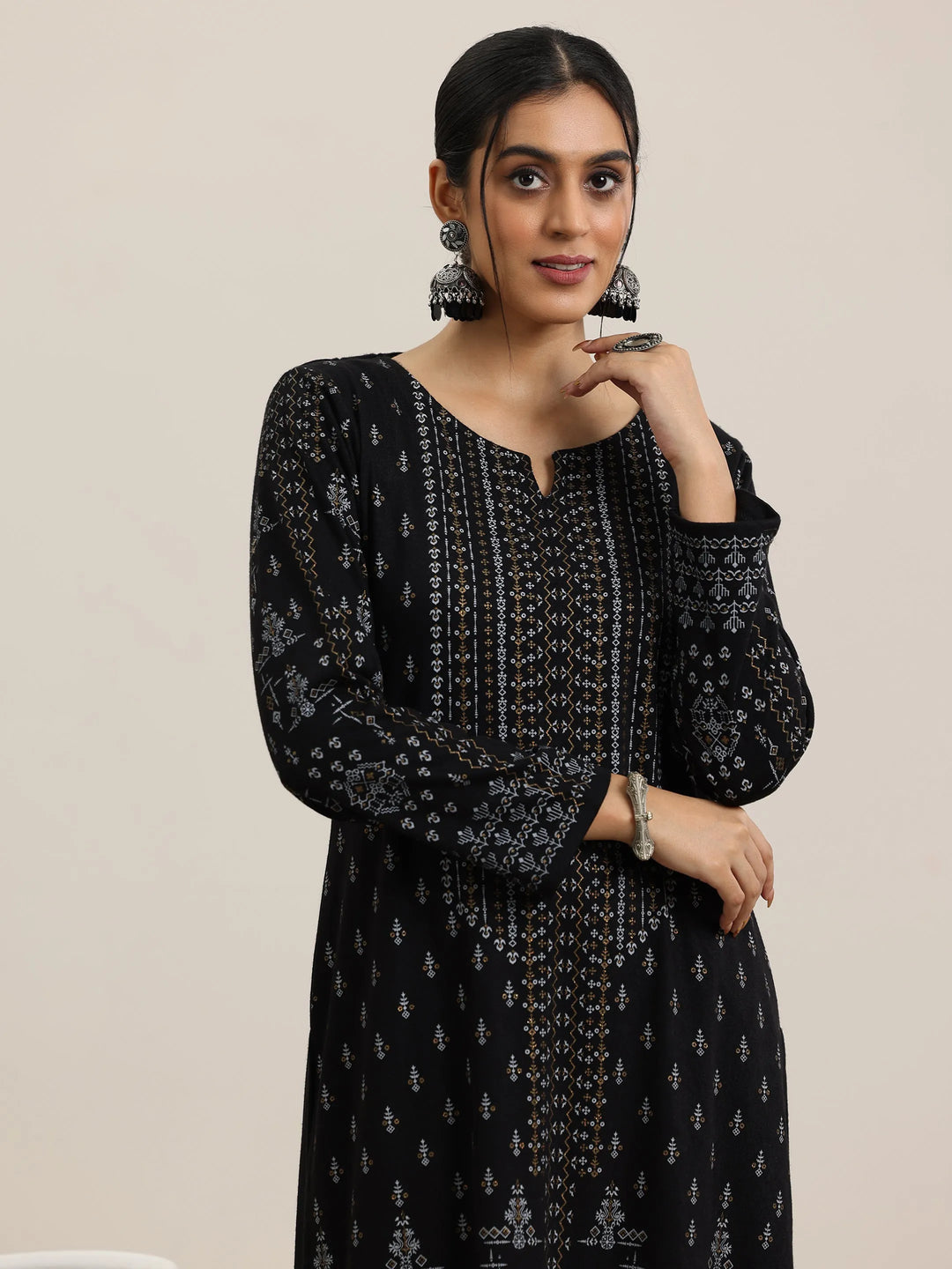  Black Woven Design Wool Blend Straight Suit With Dupatta 