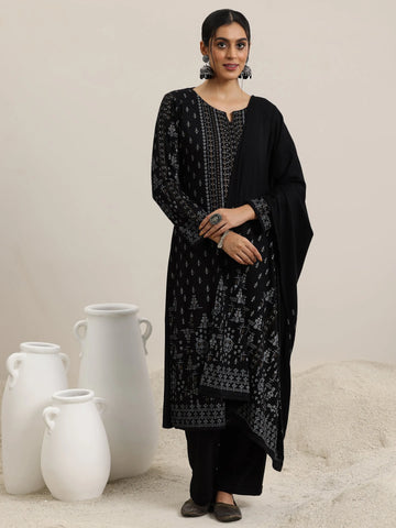 Libas Black Woven Design Wool Blend Straight Suit With Dupatta