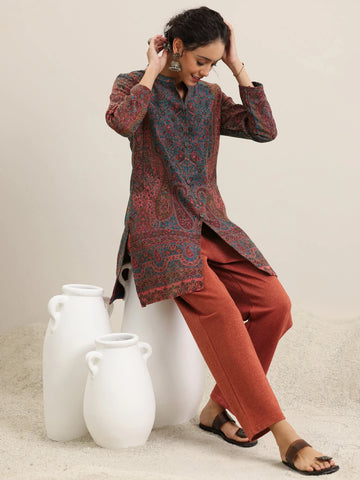 Libas Rust Woven Design Wool Blend Straight Kurta With Palazzos