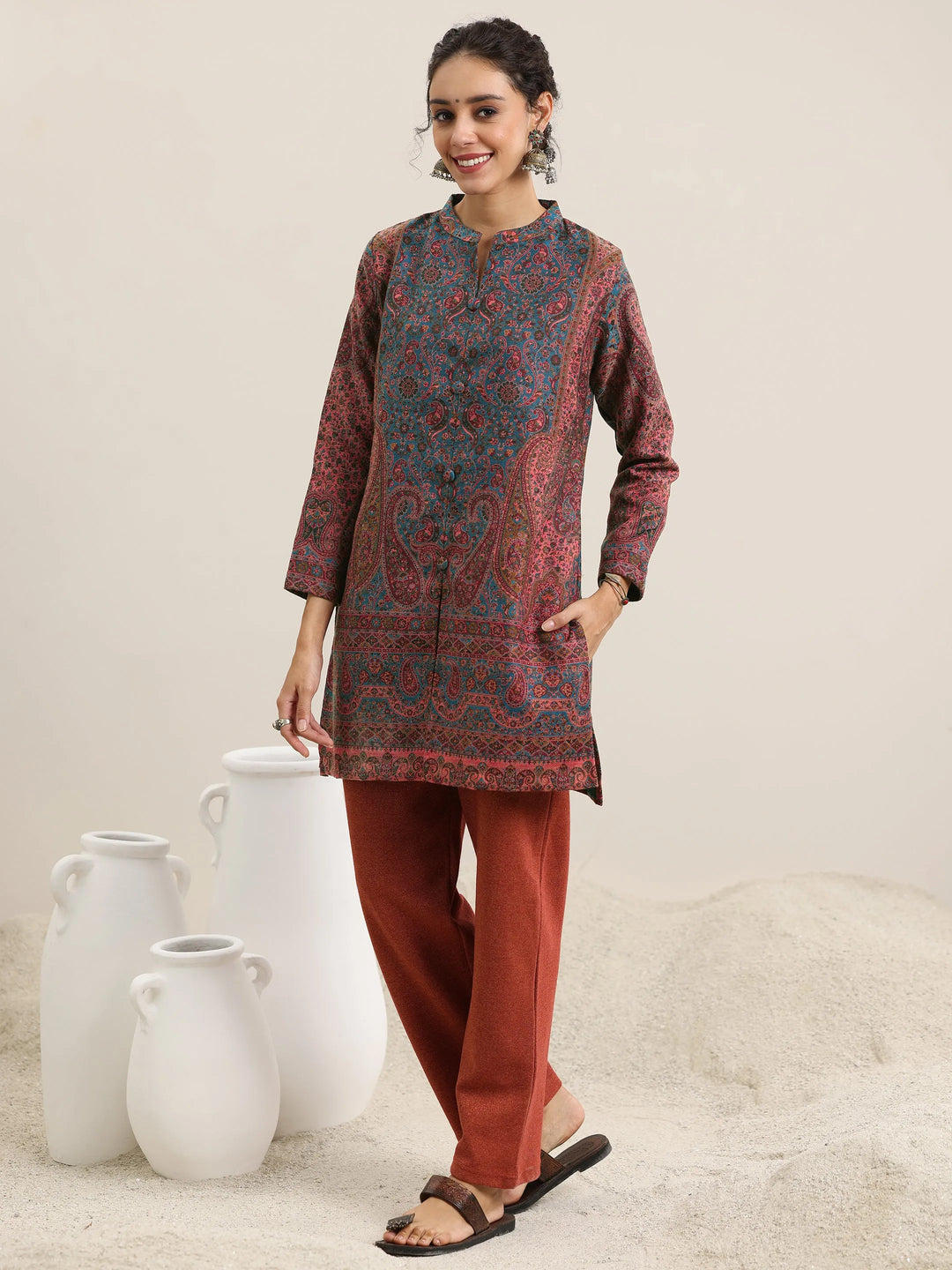  Rust Woven Design Wool Blend Straight Kurta With Palazzos 