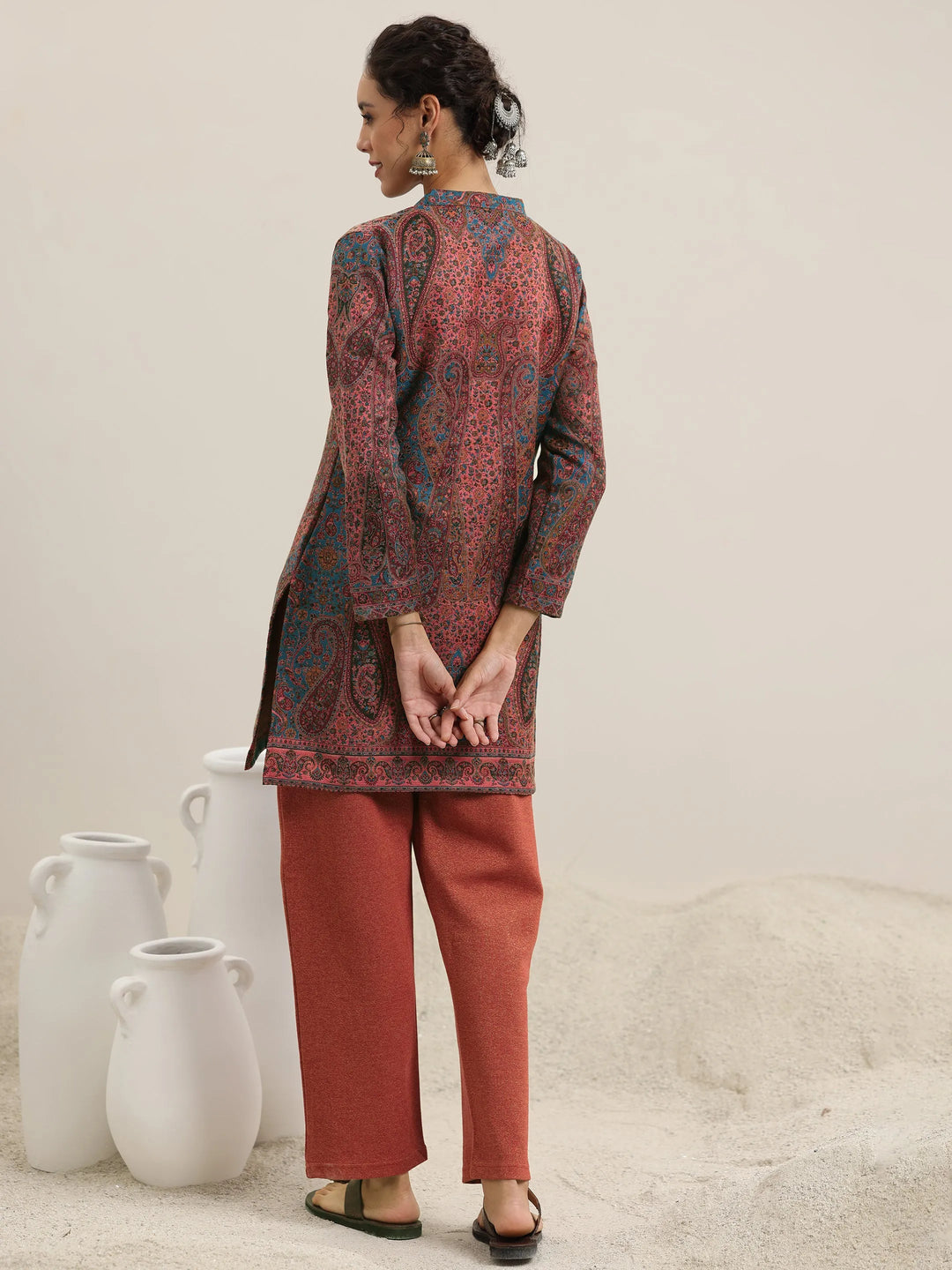  Rust Woven Design Wool Blend Straight Kurta With Palazzos 