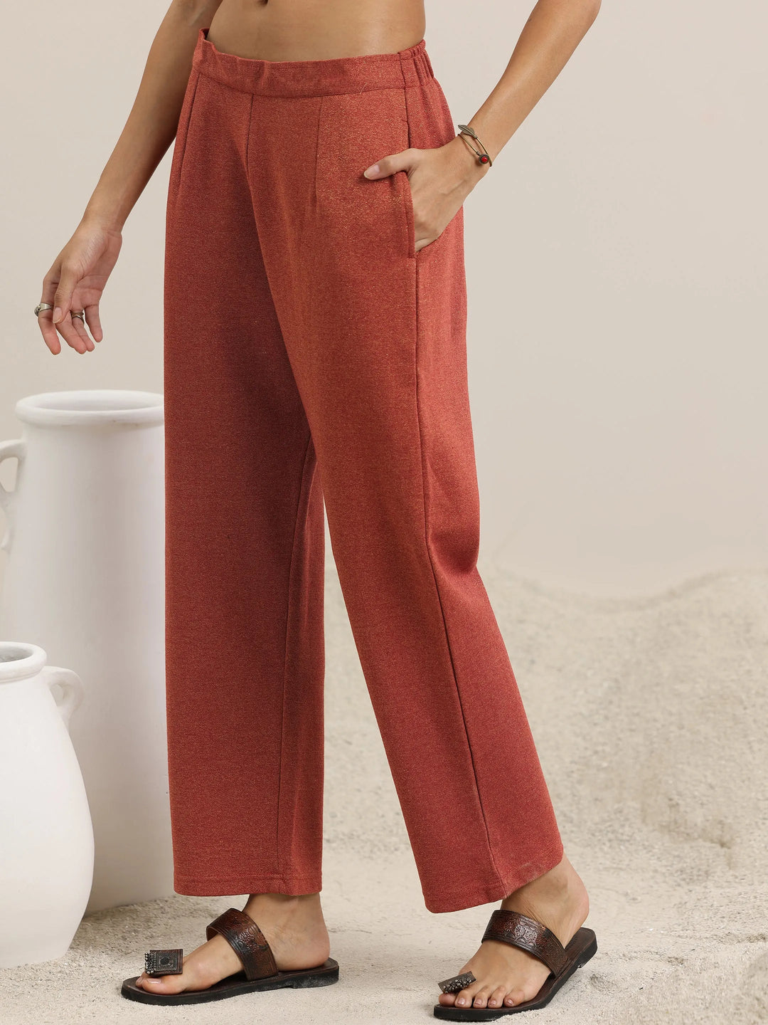  Rust Woven Design Wool Blend Straight Kurta With Palazzos 