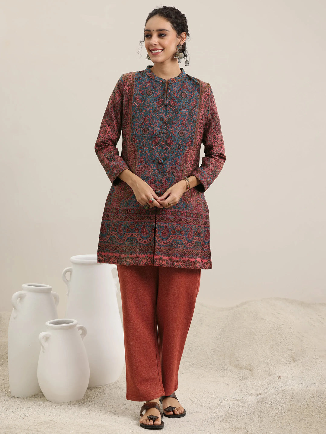  Rust Woven Design Wool Blend Straight Kurta With Palazzos 