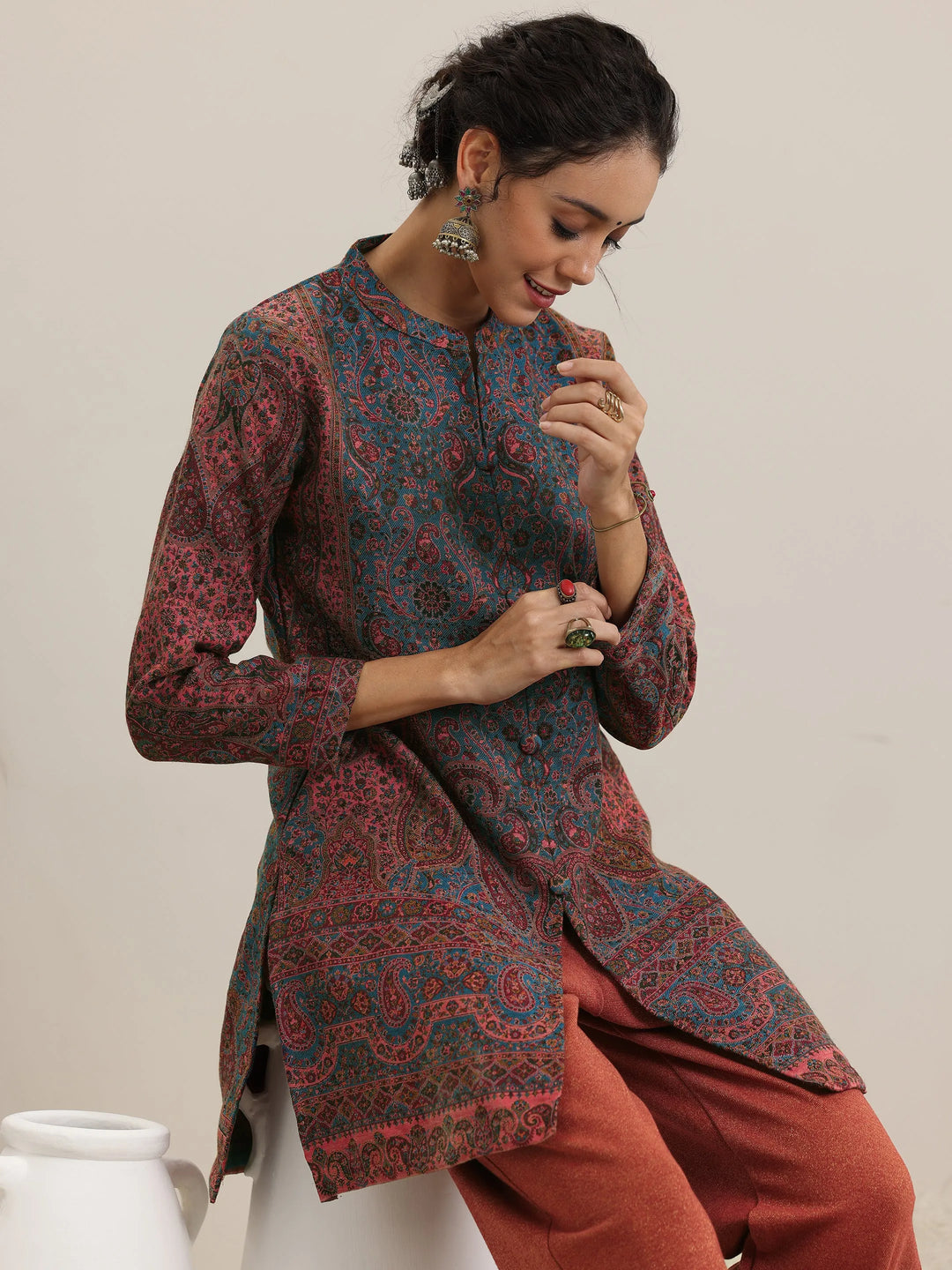  Rust Woven Design Wool Blend Straight Kurta With Palazzos 
