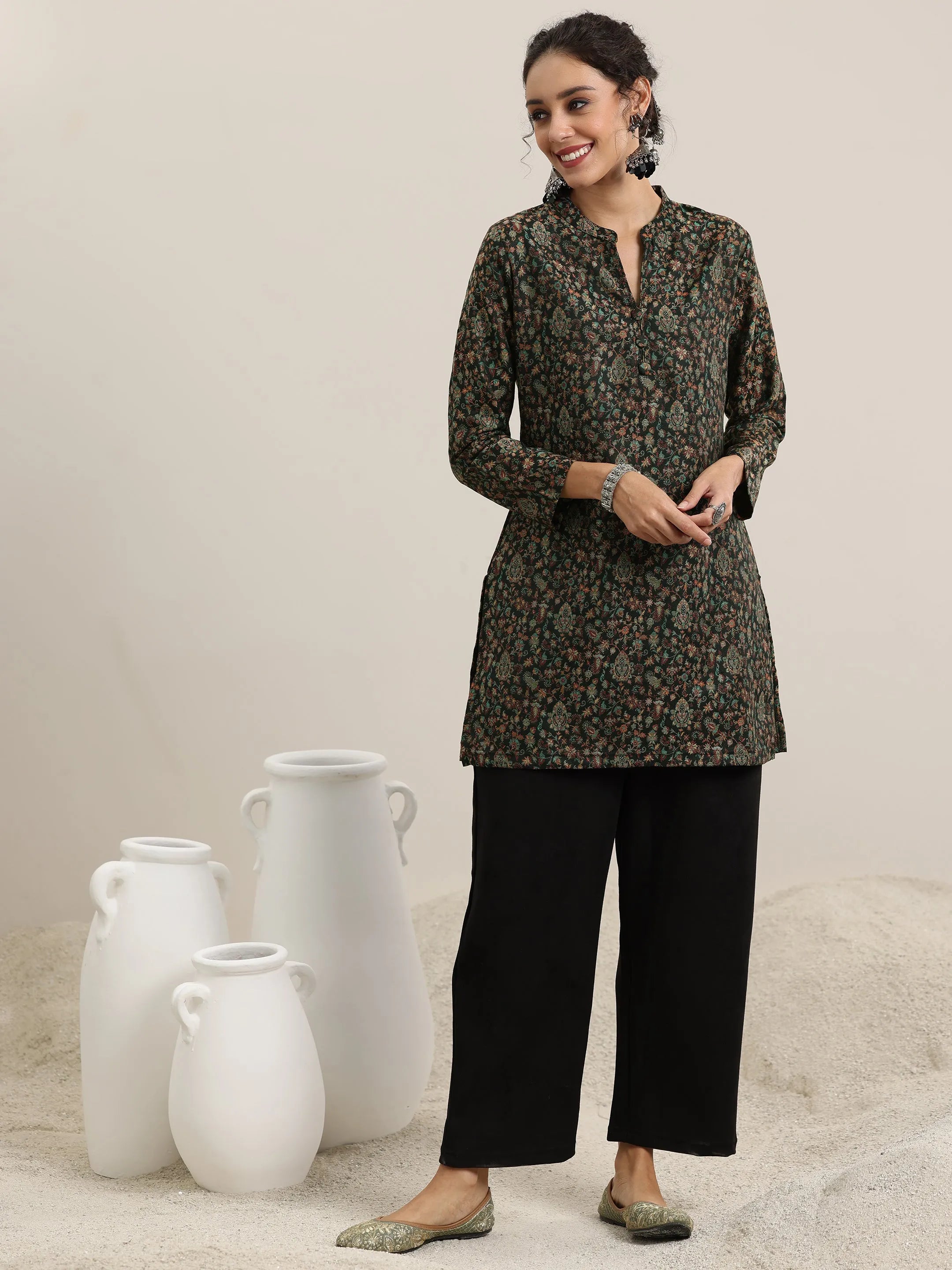 libas Black Woven Design Wool Blend Straight Kurta With Palazzos-picture-58