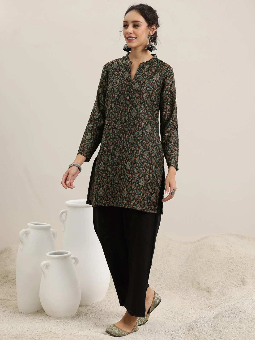  Black Woven Design Wool Blend Straight Kurta With Palazzos 
