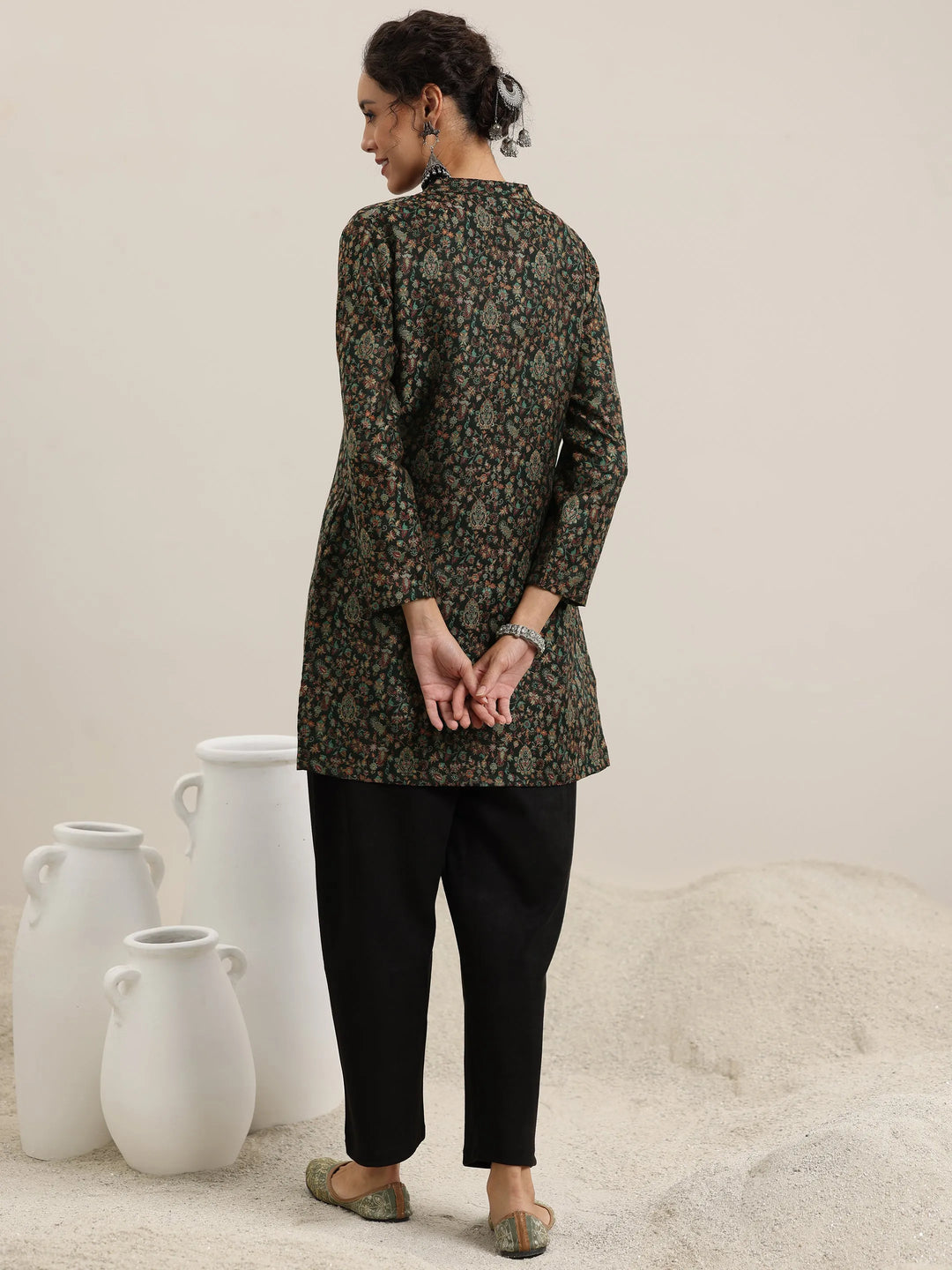  Black Woven Design Wool Blend Straight Kurta With Palazzos 