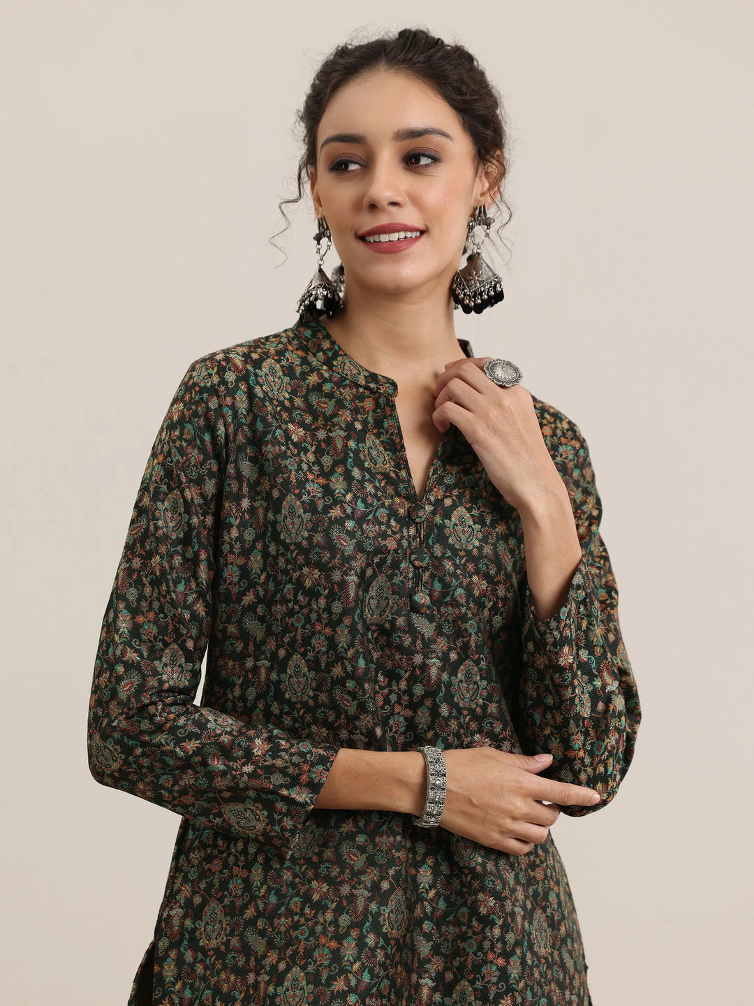  Black Woven Design Wool Blend Straight Kurta With Palazzos 