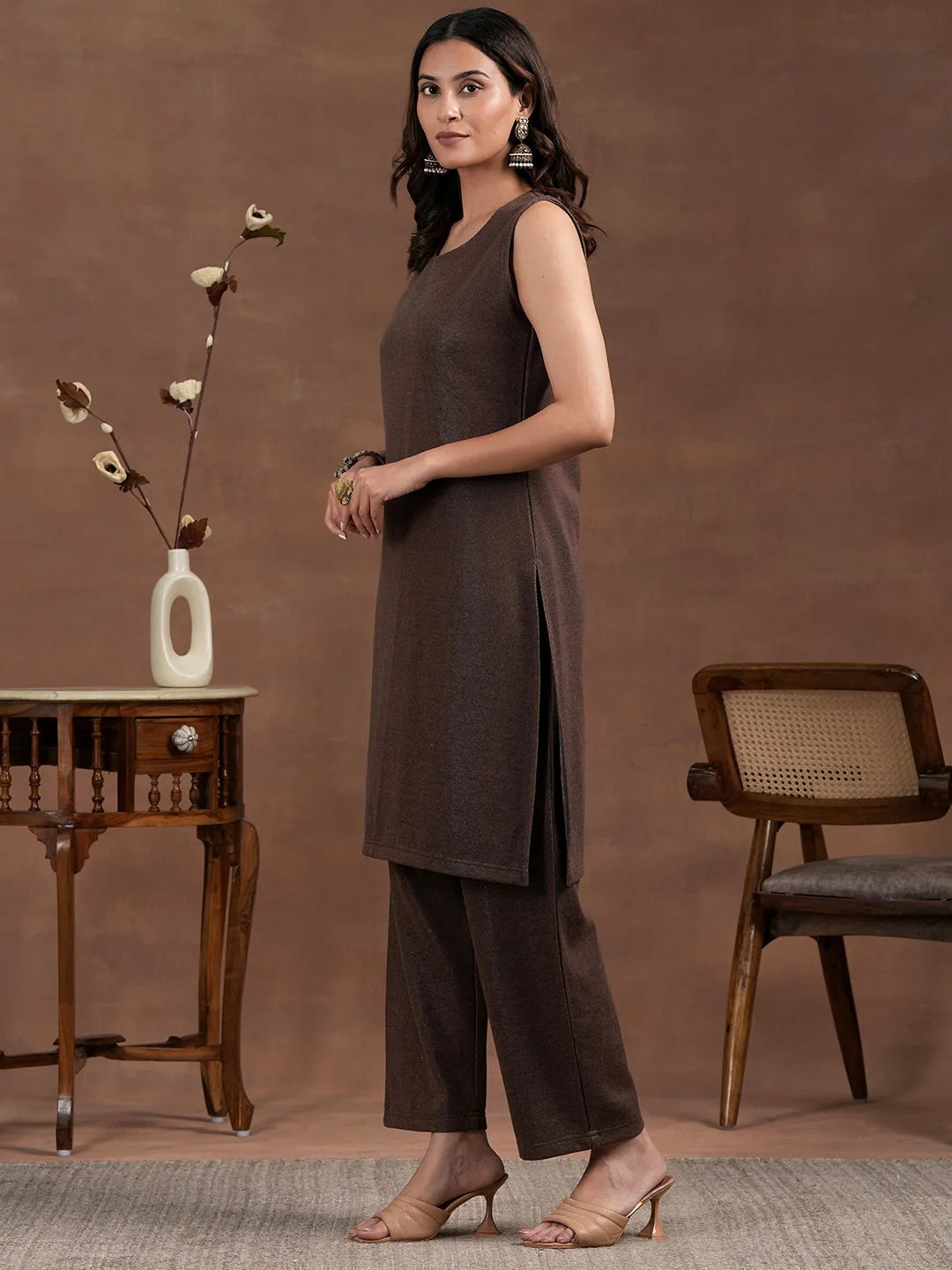  Brown Solid Wool Blend Straight Kurta Set 