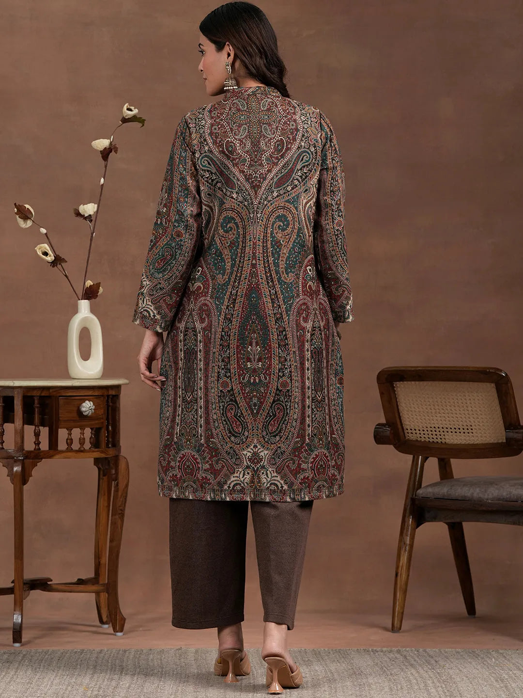  Brown Solid Wool Blend Straight Kurta Set 