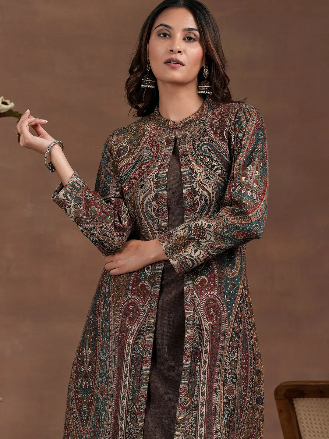  Brown Solid Wool Blend Straight Kurta Set 