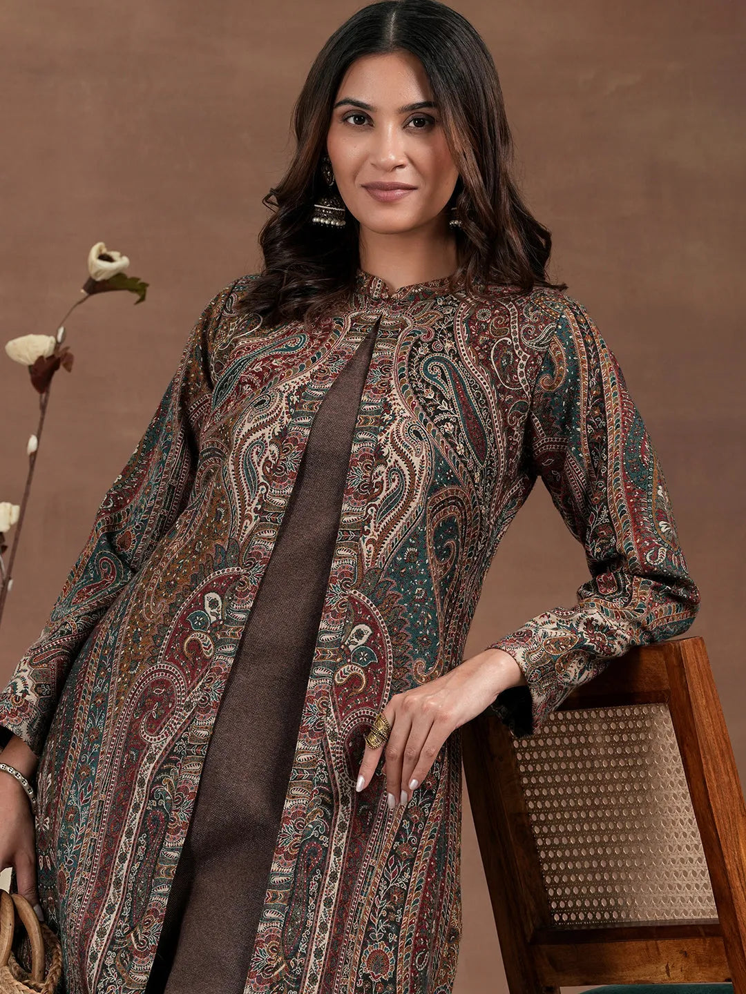  Brown Solid Wool Blend Straight Kurta Set 