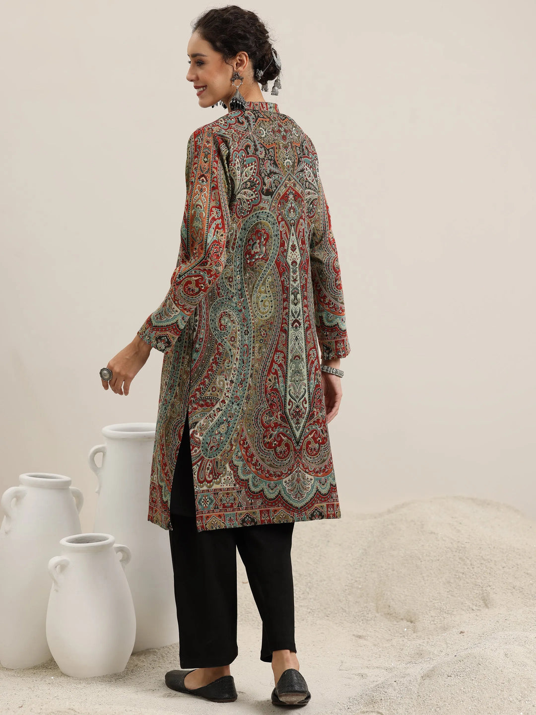 Black Solid Wool Blend Straight Kurta With Palazzos 