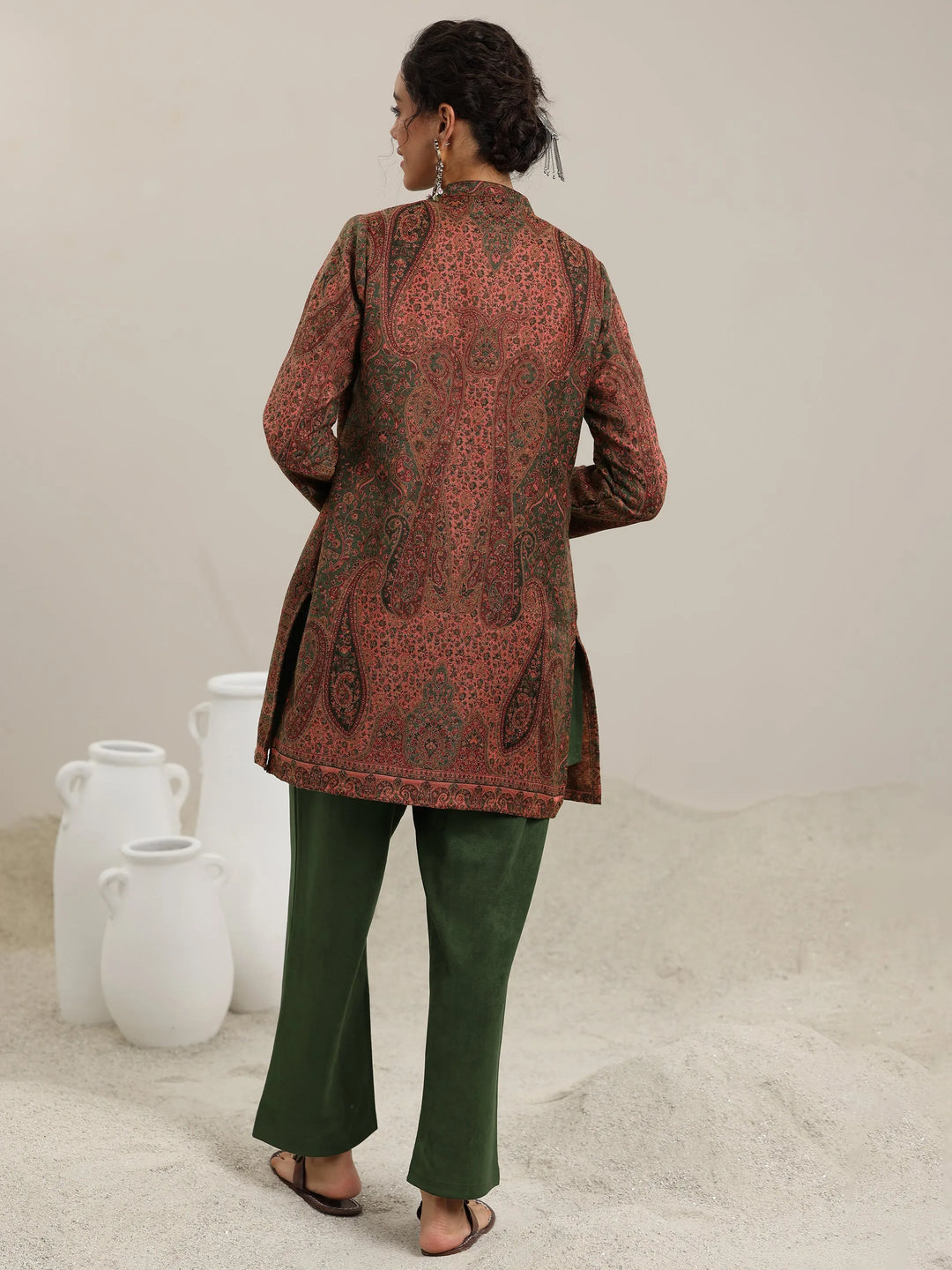  Olive Solid Wool Blend Straight Kurta With Palazzos 