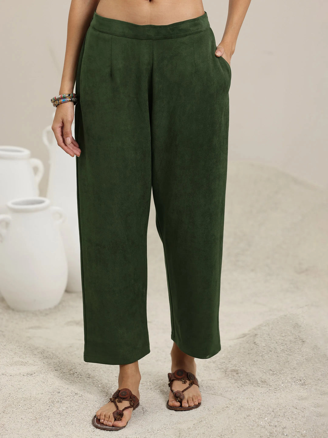  Olive Solid Wool Blend Straight Kurta With Palazzos 