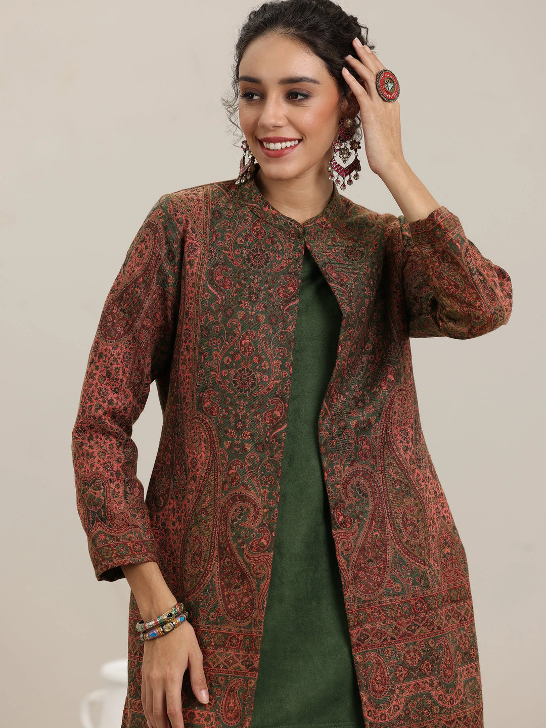  Olive Solid Wool Blend Straight Kurta With Palazzos 