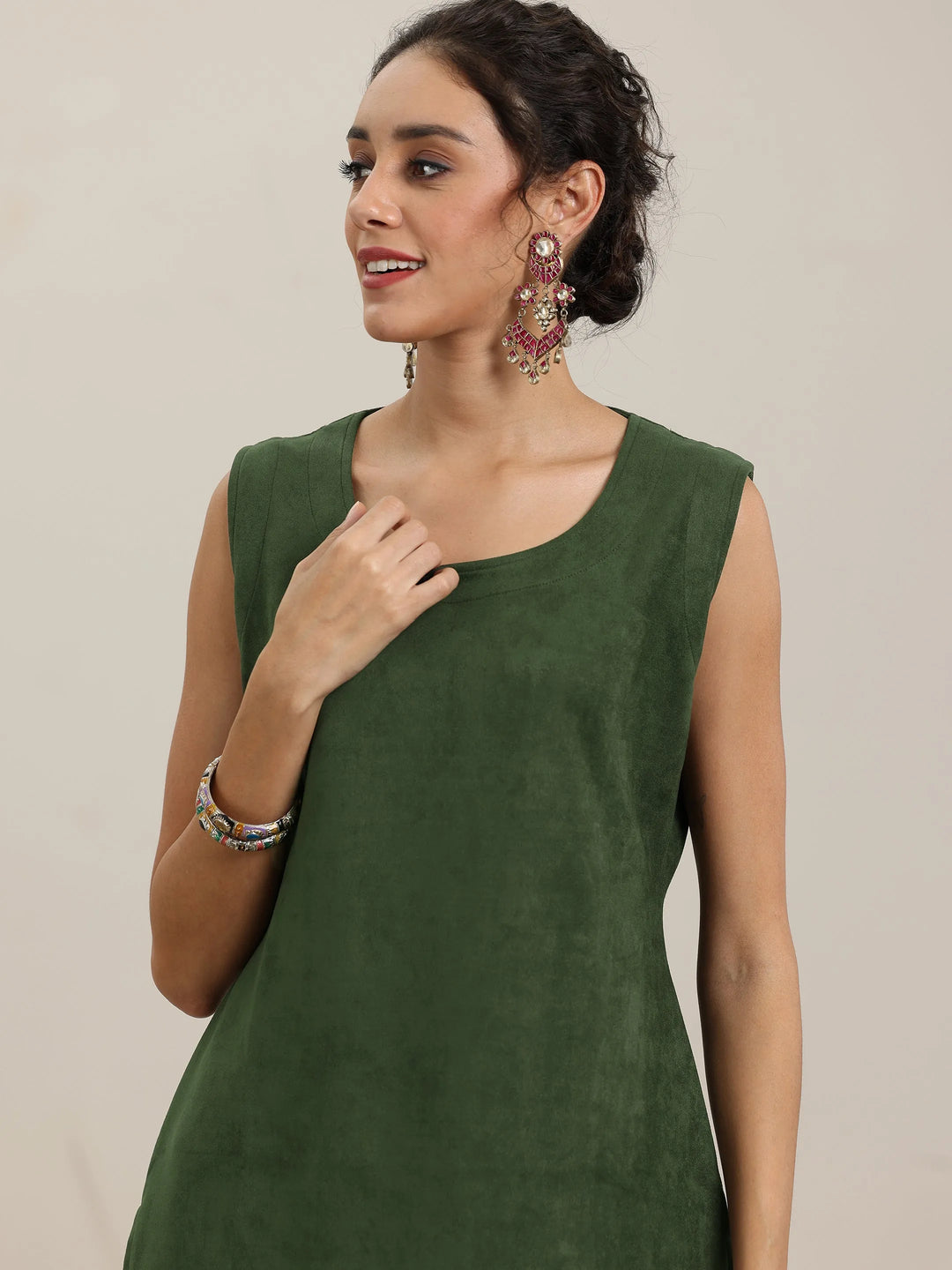  Olive Solid Wool Blend Straight Kurta With Palazzos 