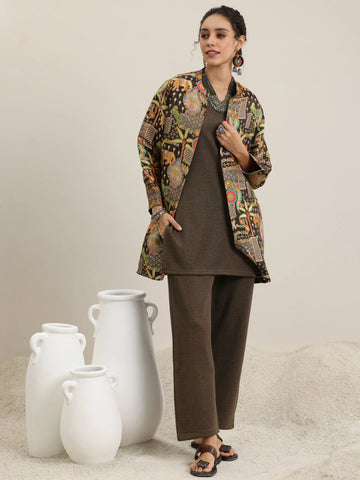 Libas Brown Solid Wool Blend Straight Kurta With Palazzos