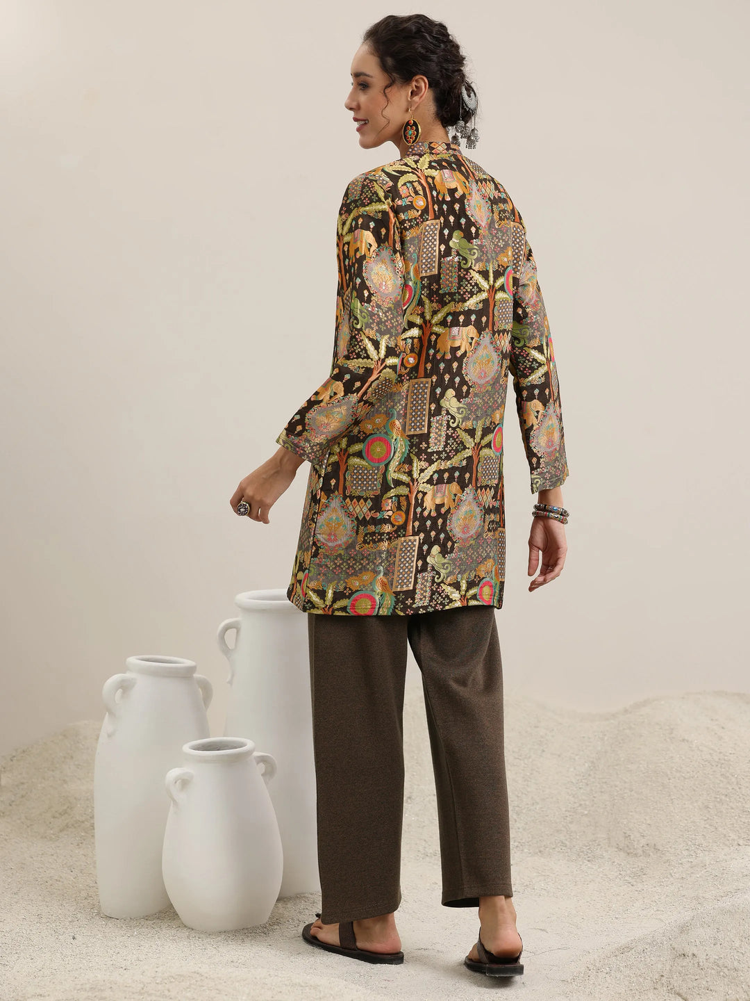  Brown Solid Wool Blend Straight Kurta With Palazzos 