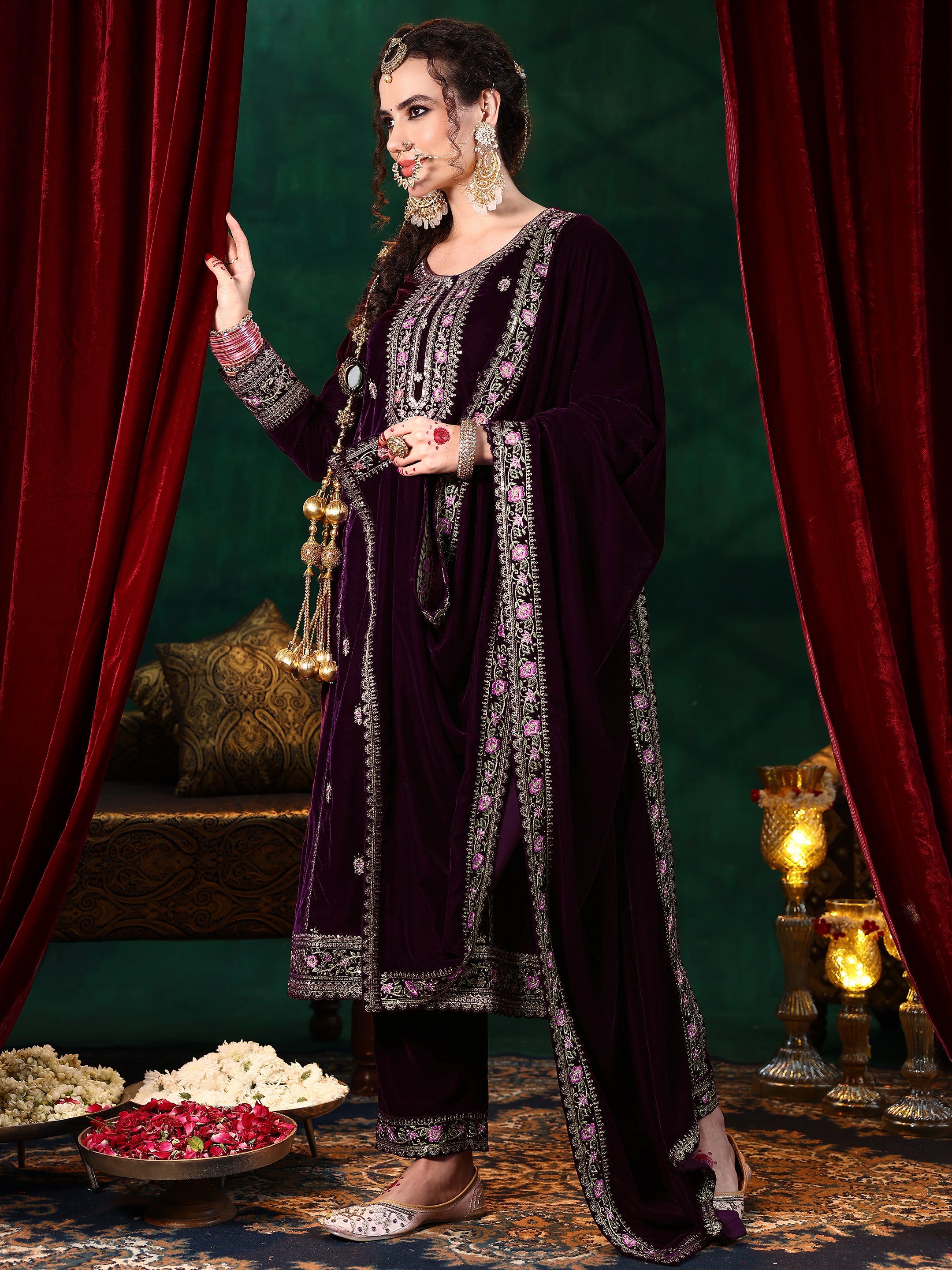 Burgundy Embroidered Velvet Straight Suit With Dupatta-image-48