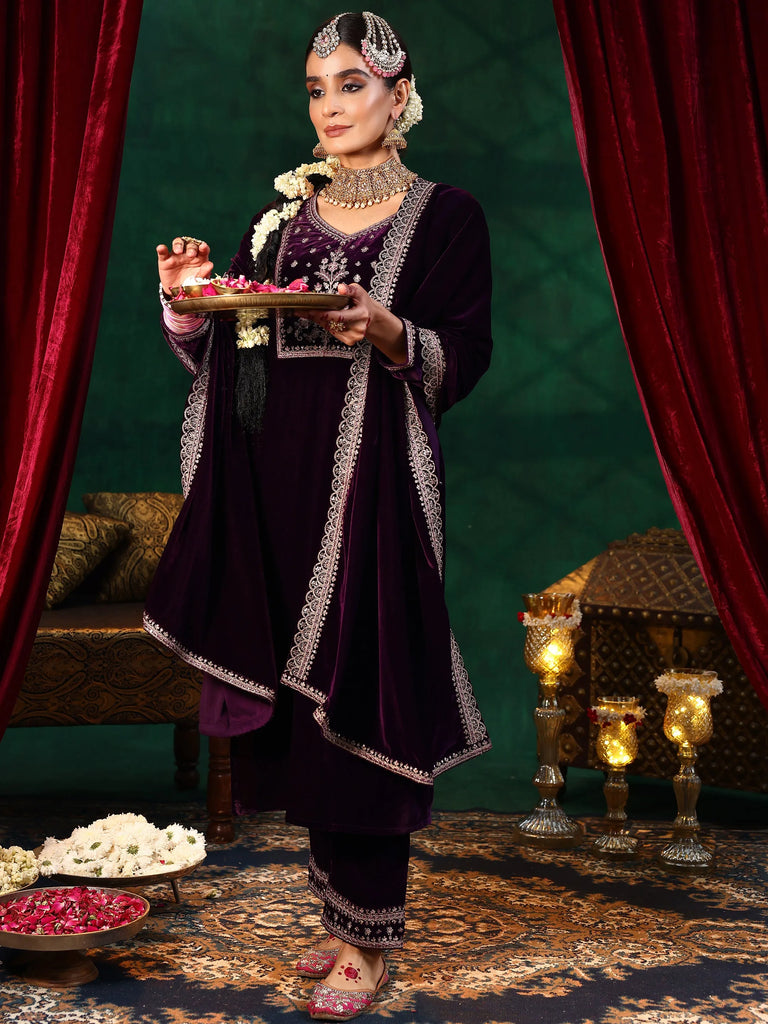 Libas Burgundy Yoke Design Velvet Straight Suit With Dupatta