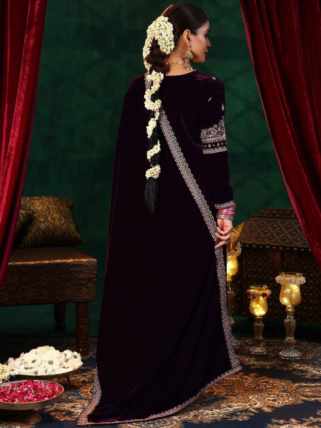  Burgundy Yoke Design Velvet Straight Suit With Dupatta 