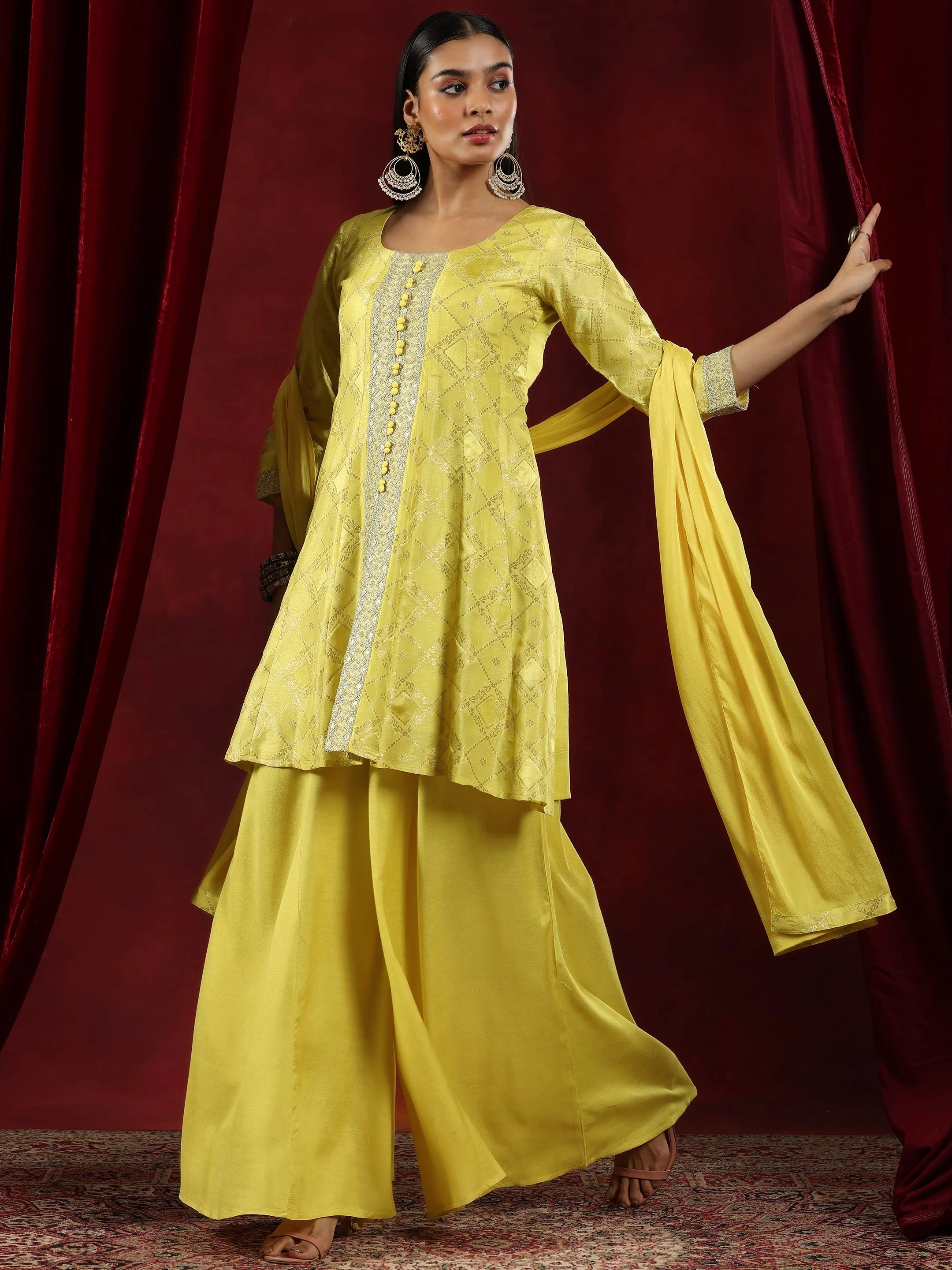 libas Yellow Woven Design Silk Blend A-Line Kurta With Palazzos & Dupatta-picture-17
