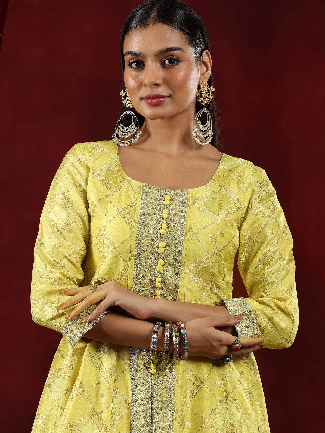  Libas Art Yellow Woven Design Silk Blend A-Line Kurta With Palazzos & Dupatta 