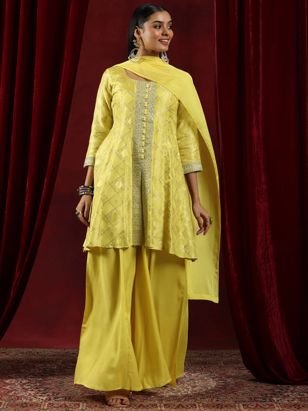  Libas Art Yellow Woven Design Silk Blend A-Line Kurta With Palazzos & Dupatta 