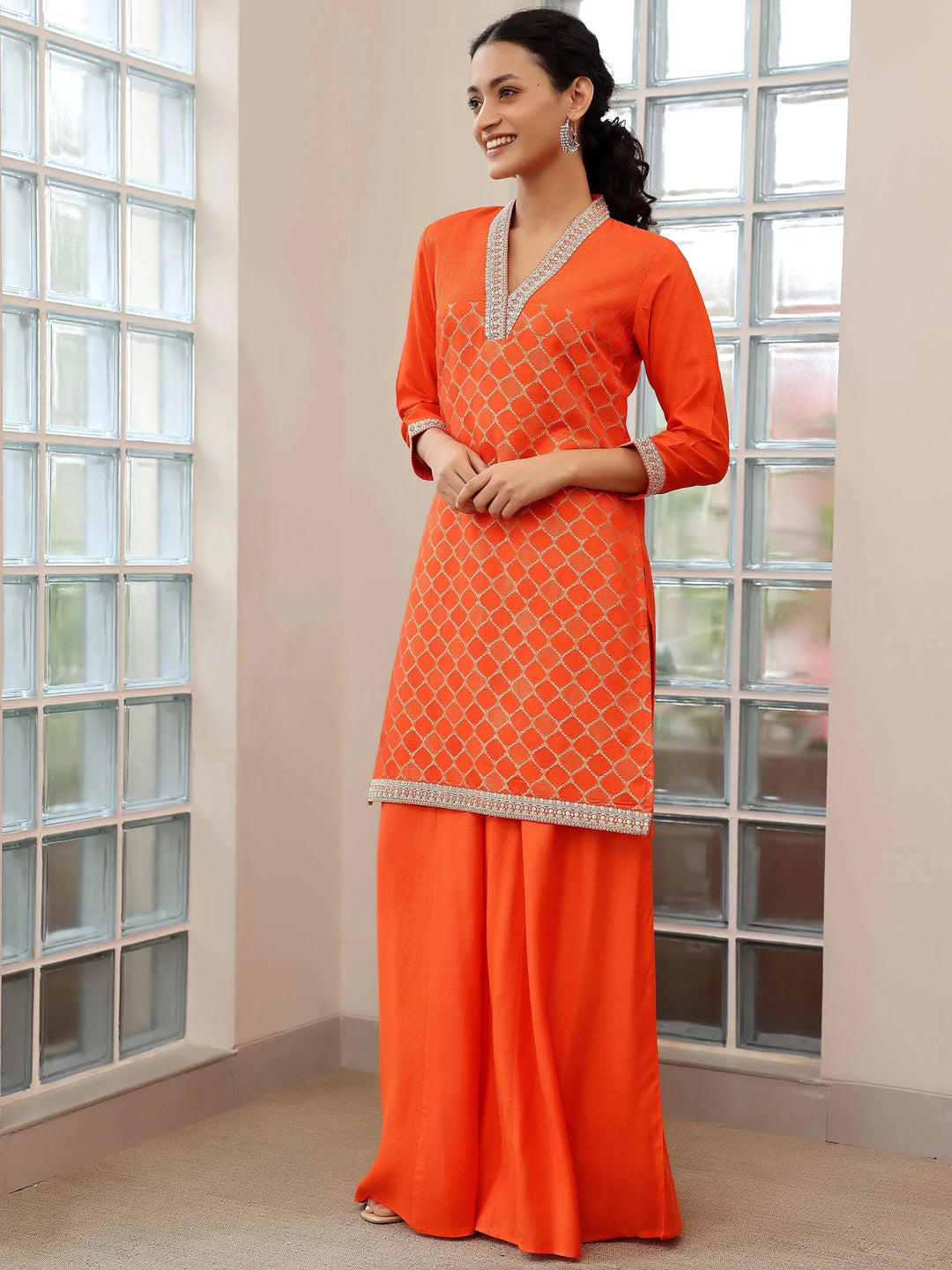  Orange Woven Design Silk Blend Straight Suit With Dupatta 
