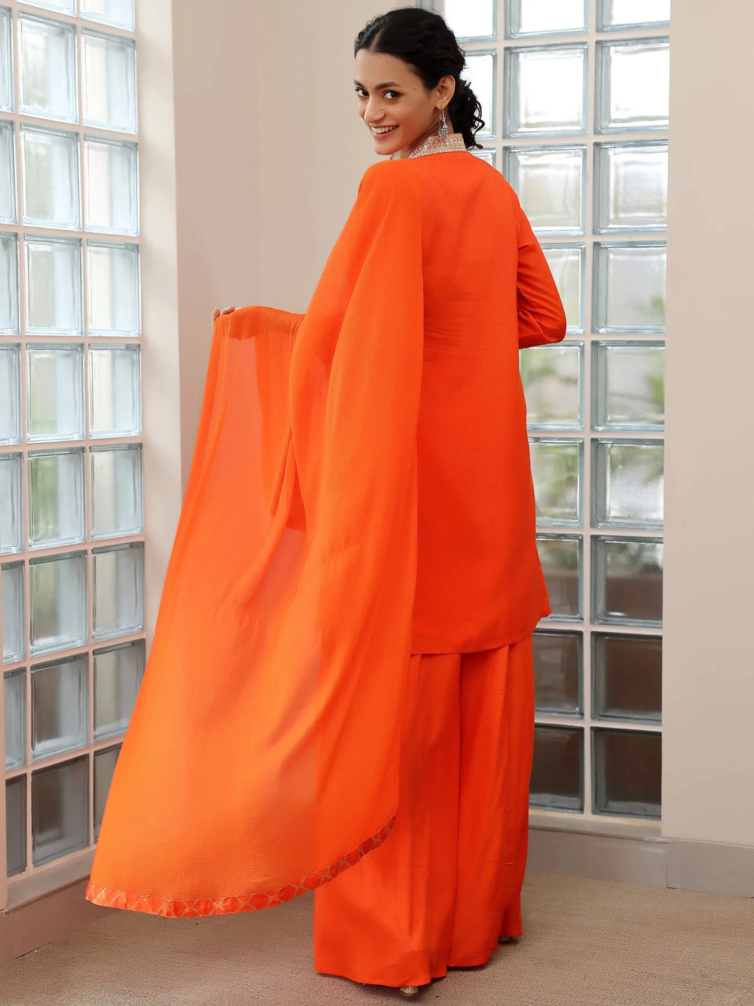  Orange Woven Design Silk Blend Straight Suit With Dupatta 
