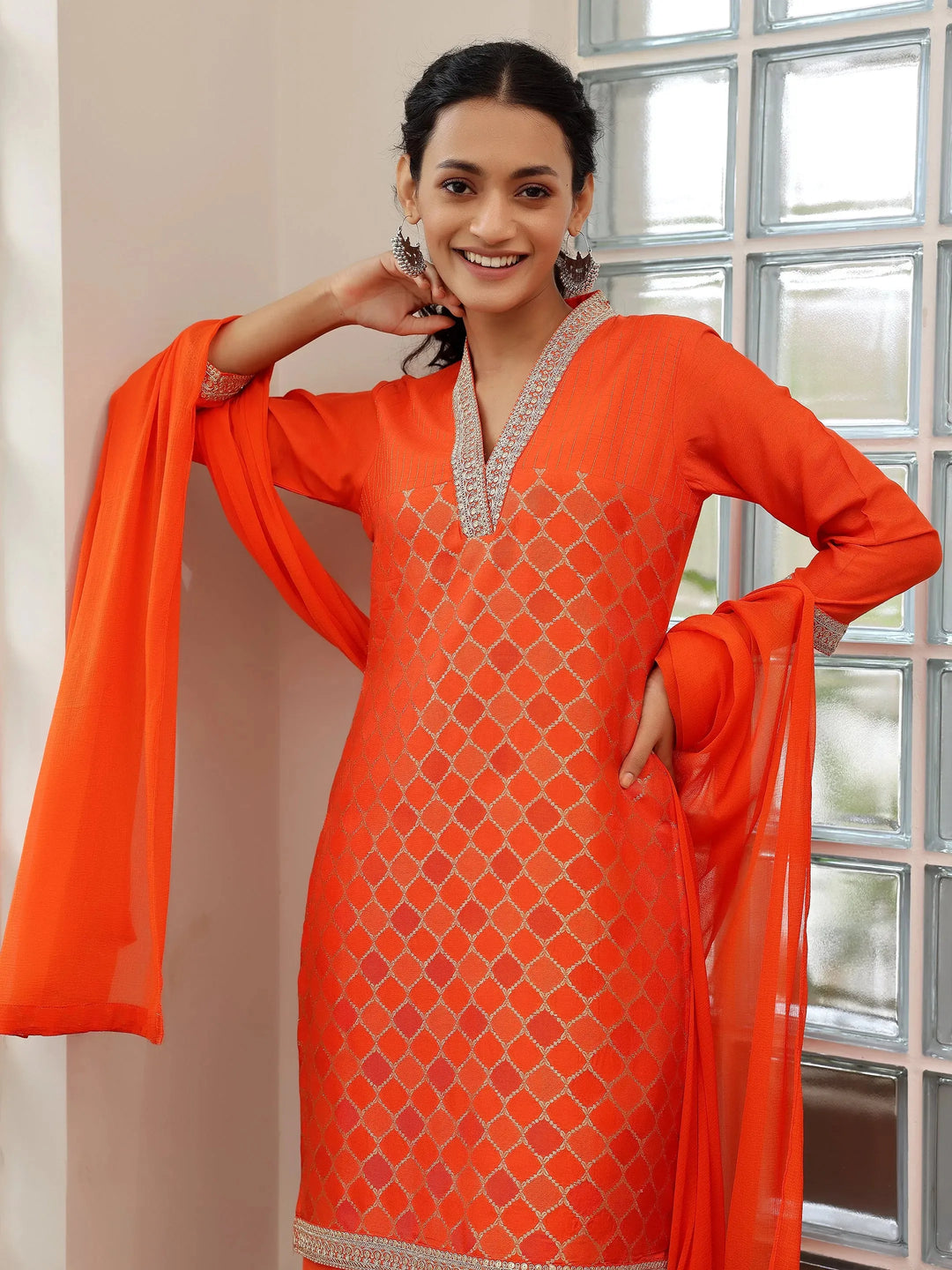  Orange Woven Design Silk Blend Straight Suit With Dupatta 