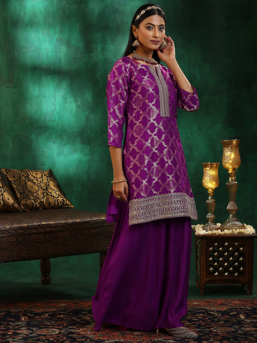 Magenta Woven Design Silk Blend Straight Suit Set With Dupatta