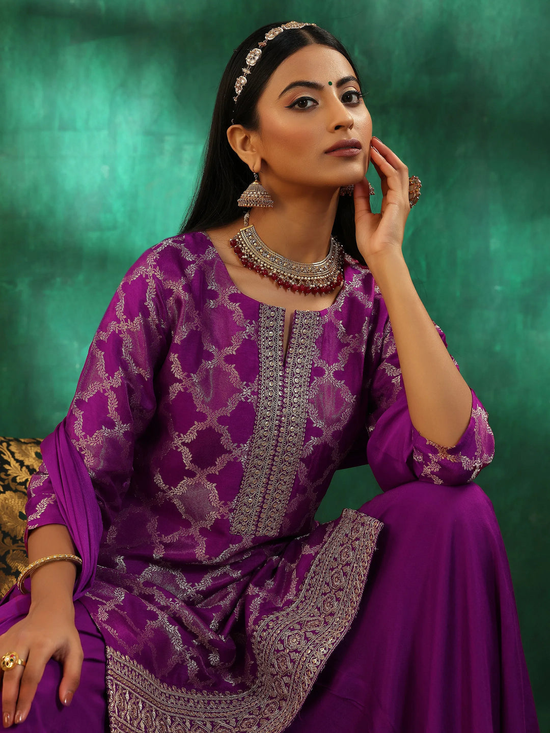  Magenta Woven Design Silk Blend Straight Suit With Dupatta 