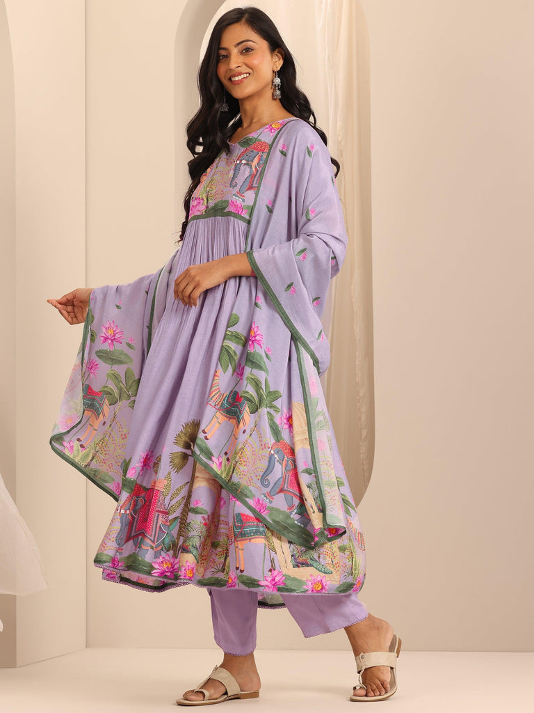 Libas Lilac Printed Cotton Blend Anarkali Suit With Dupatta