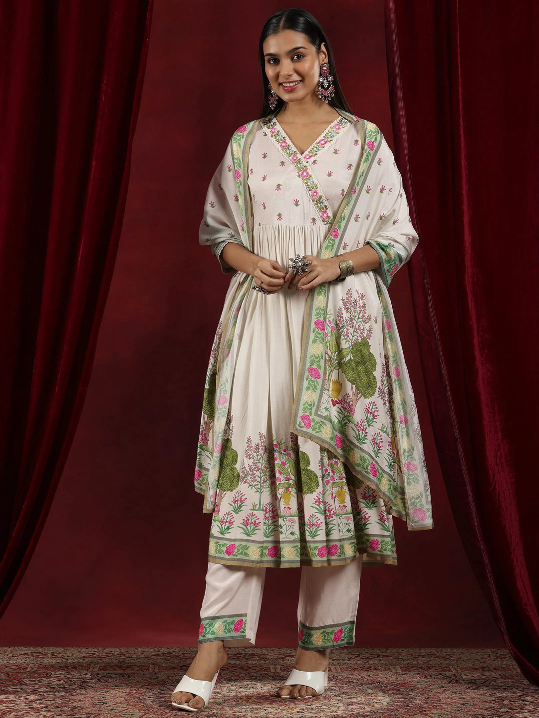  Libas Art Off White Printed Muslin Anarkali Suit With Dupatta 