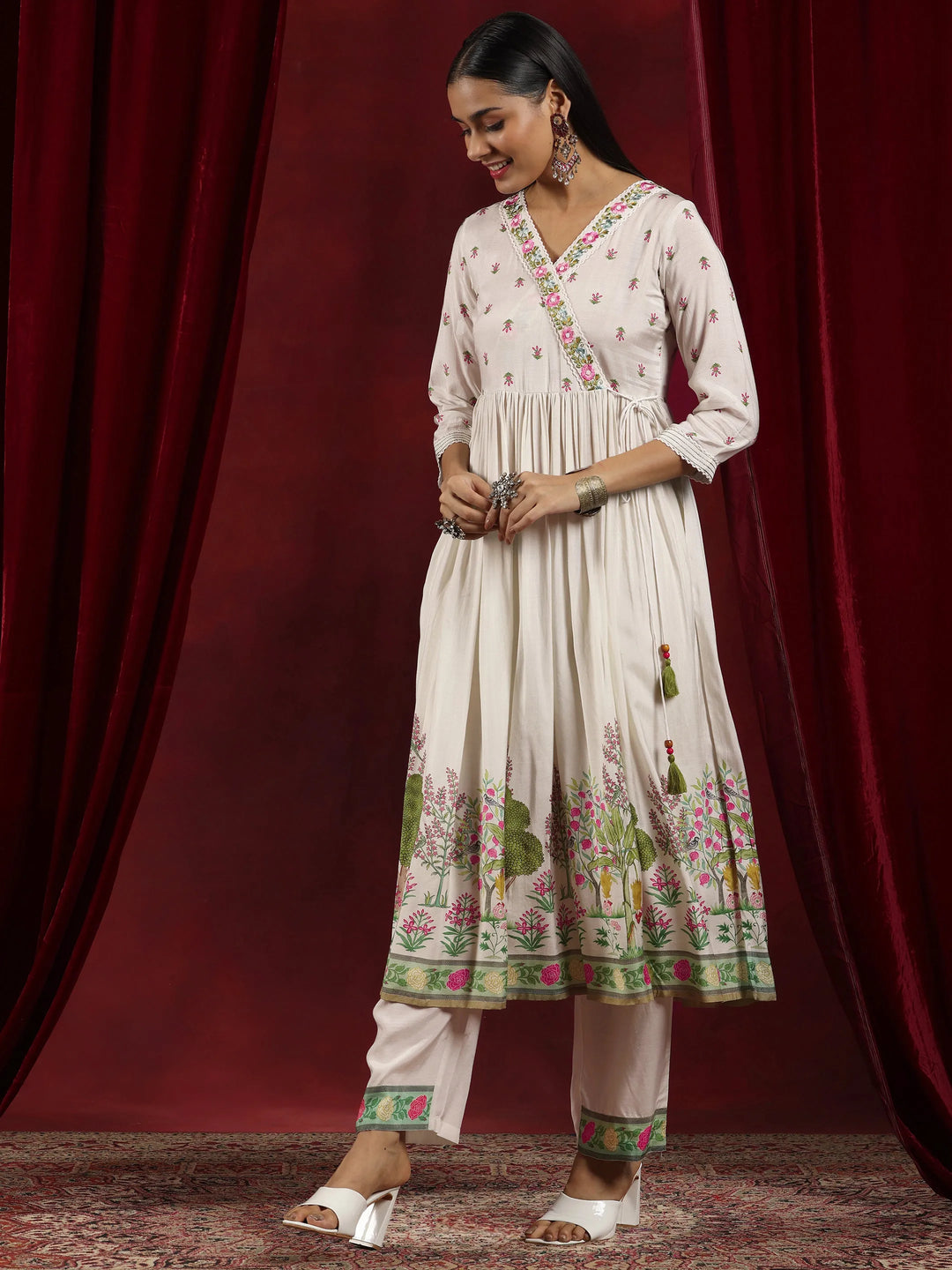  Libas Art Off White Printed Muslin Anarkali Suit With Dupatta 