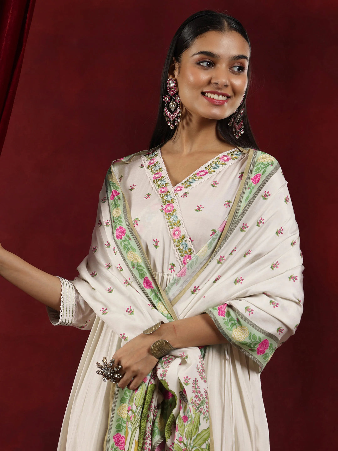  Libas Art Off White Printed Muslin Anarkali Suit With Dupatta 