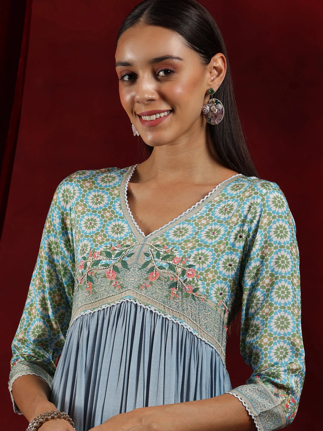  Libas Art Blue Printed Muslin Anarkali Suit With Dupatta 