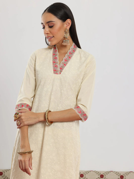Off White Embroidered Partywear Straight Cut Suit