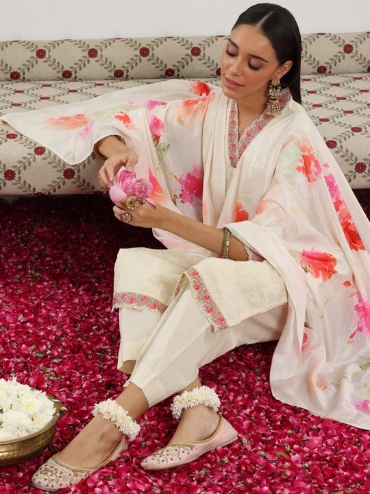 Off white & Blue Mal Cotton Embroidered Semi Formal Straight Suit with Mal cotton Duppata main image 0