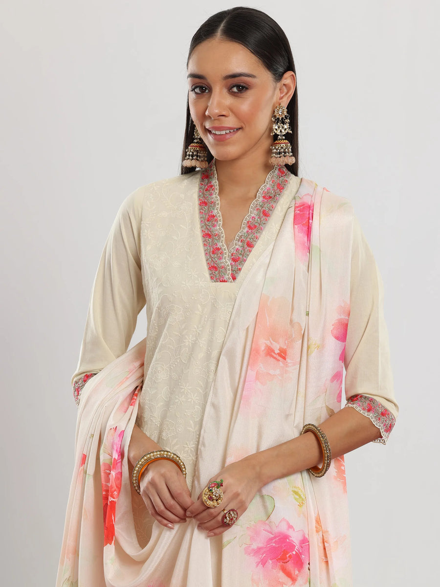 White Embroidered Pure Cotton Straight Suit Sets With Dupatta