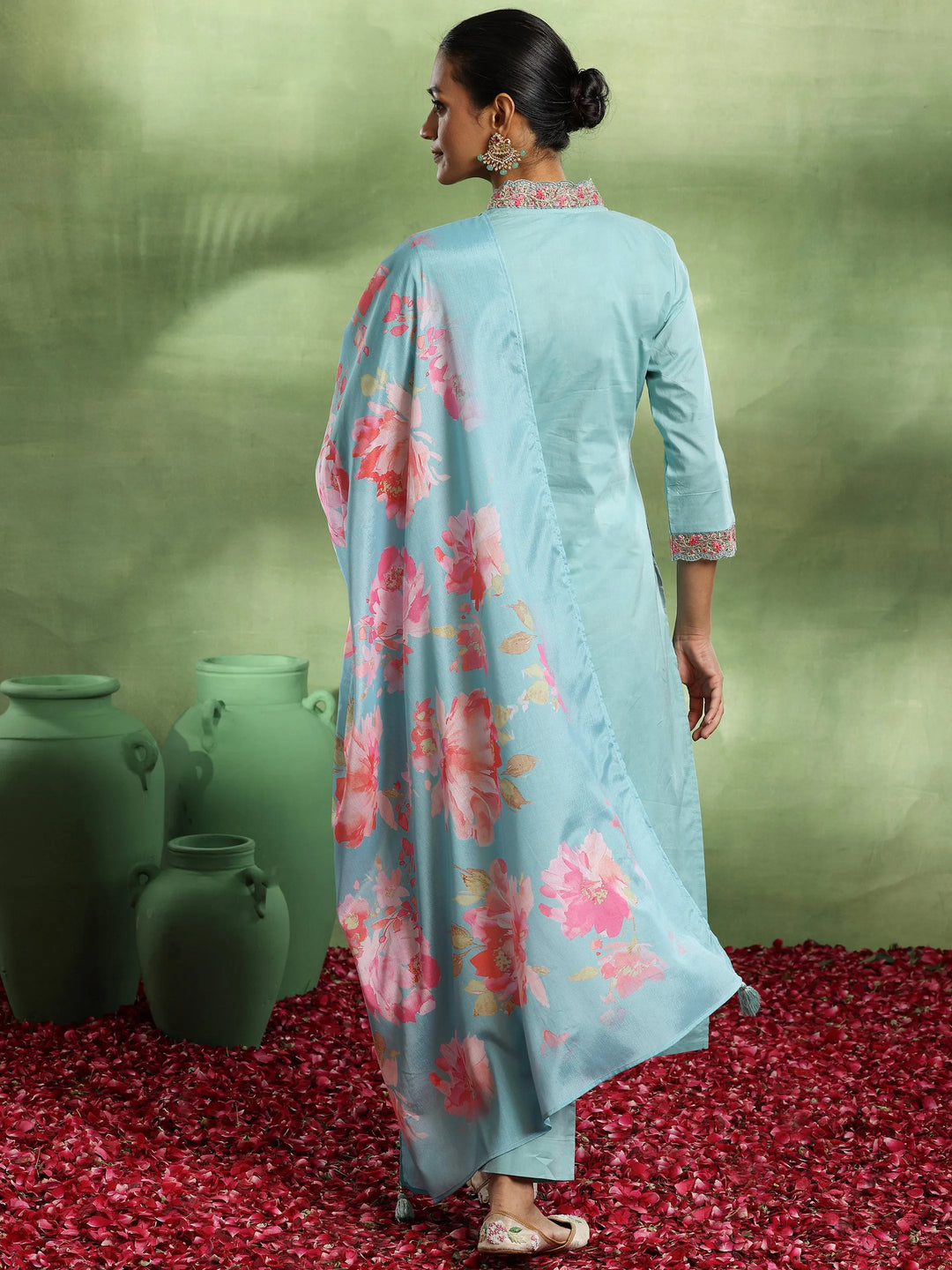  Sea Green Embroidered Cotton Straight Suit With Dupatta 