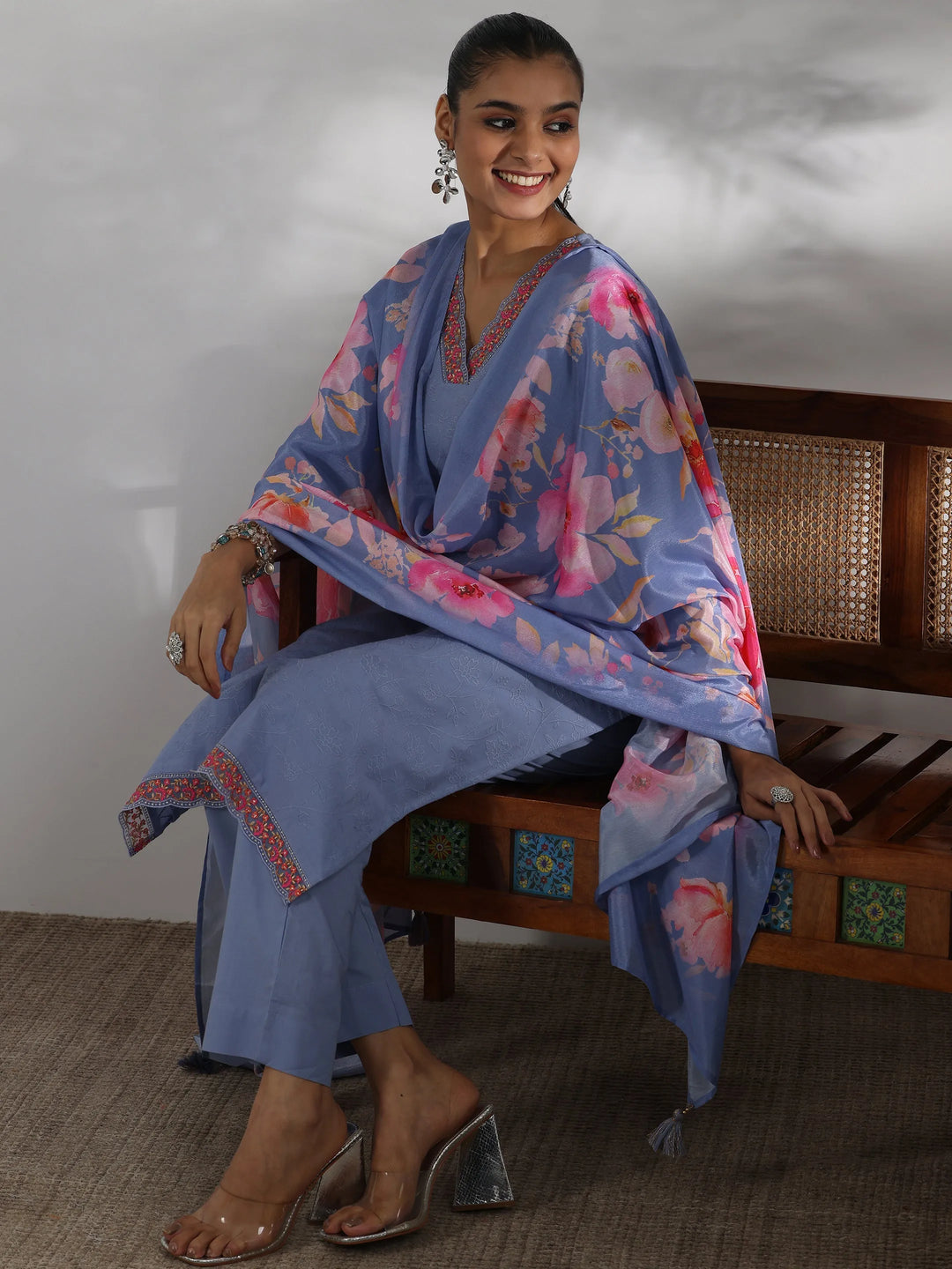  Blue Embroidered Cotton Straight Suit With Dupatta 